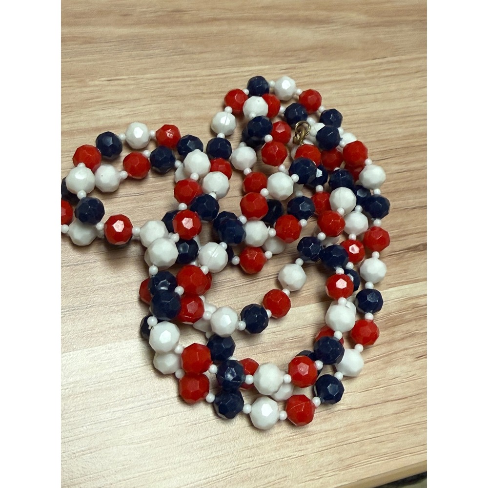 Vintage Red‎ White Blue Faceted Bead Long Necklace Patriotic 28 Inch Strand